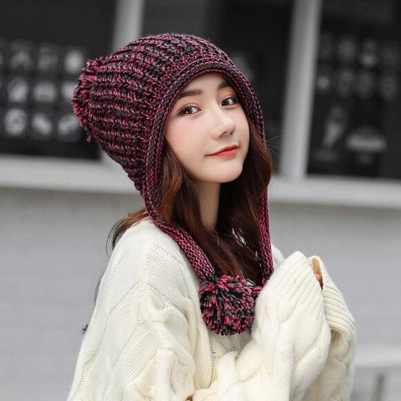 Women Rose Red Winter Peruvian Cover Ears Beanie Hat Ear Flaps Sherpa Ski Snow main image 4